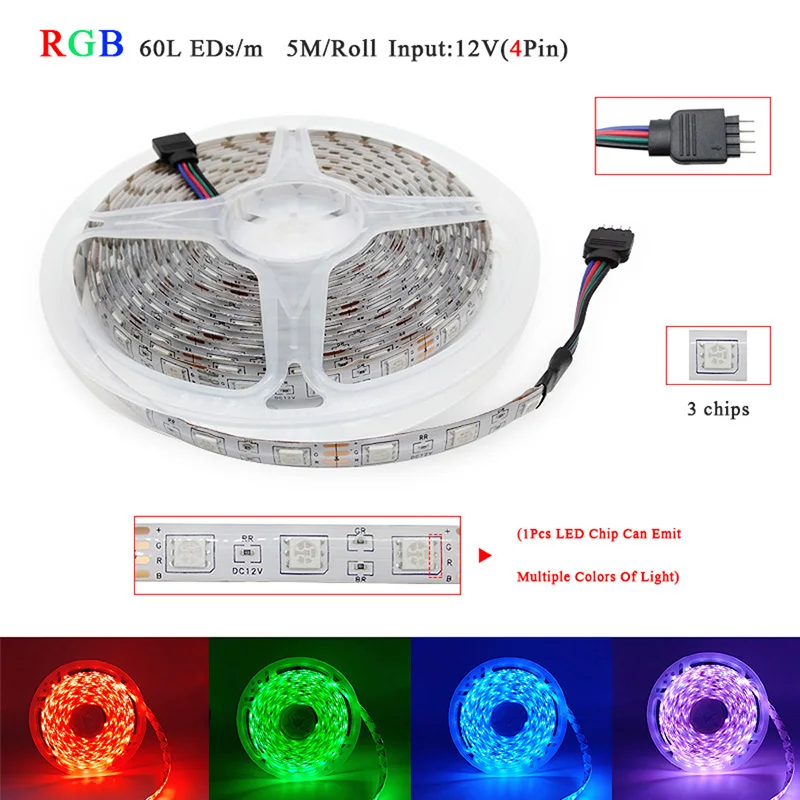 RGB LEDストリップライト,フレキシブルリボン,5m,10m,15m,rgbw,5050 60ダイオード,dc12v,EUアダプター