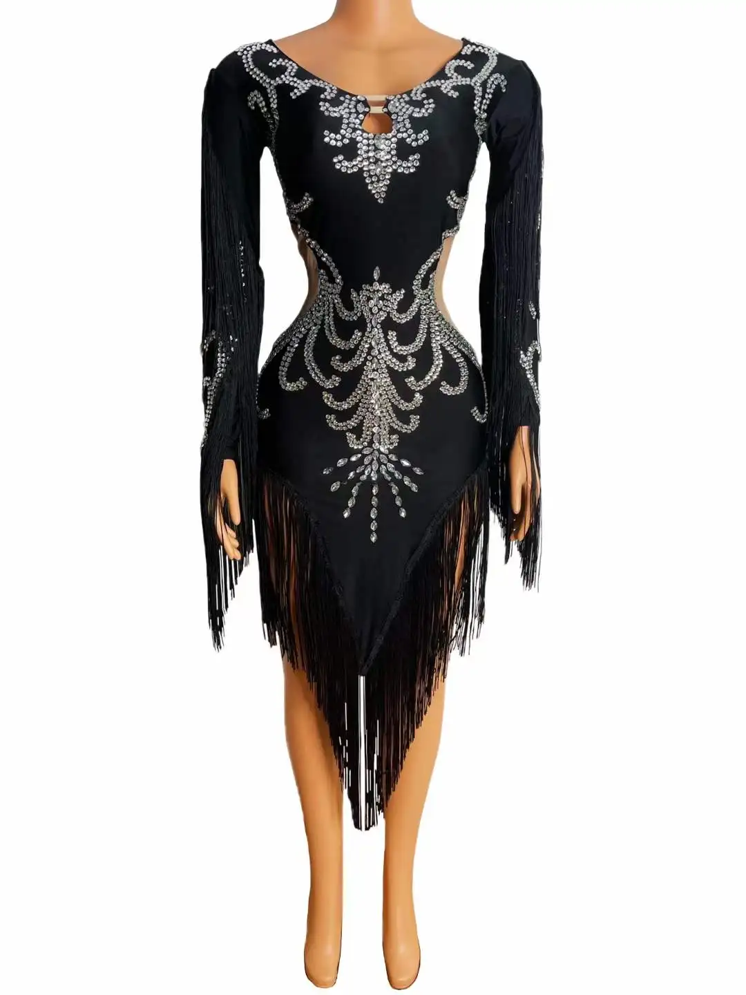 New Black Tassel Rhinestones Skinny Latin Dance Slit Dress Women Singer Dancer Stage Performance Wear Prom Evening Party Costume