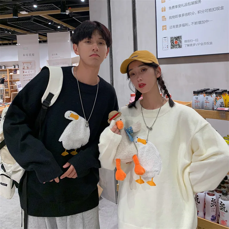 FAVRE Cute Duck Goose Sweater Men Woman Round Neck Cartoon Pullover Sweaters Japanese Style Casual Loose Couple Jumpers Tops