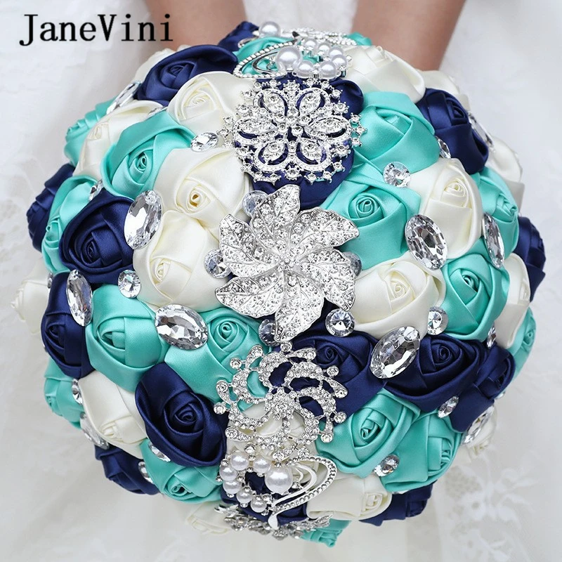 JaneVini Luxury Vintage European Wedding Bride Holding Flowers Bouquets Ribbon Rhinestone Handmade Satin Rose Bouquet Customized