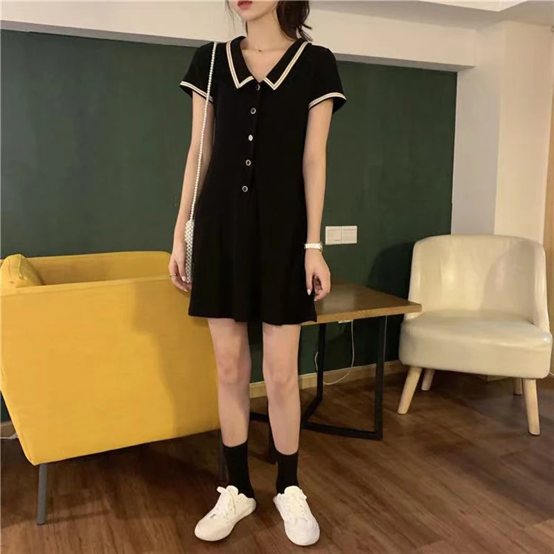 Women Summer Short Sleeve A-line Dress Preppy Style A-line Black Dresses For Mujer Casual Look-slim Button Vestidos