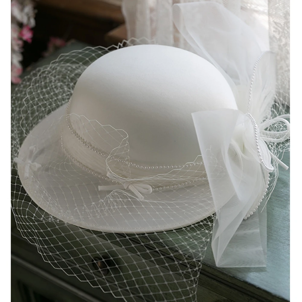 FS White Dome Hat With Veils Beads Wool Felt Fedoras Caps Hat For Women Banquet Wedding Bridal Church Hats Lady Derby Cloche Cap