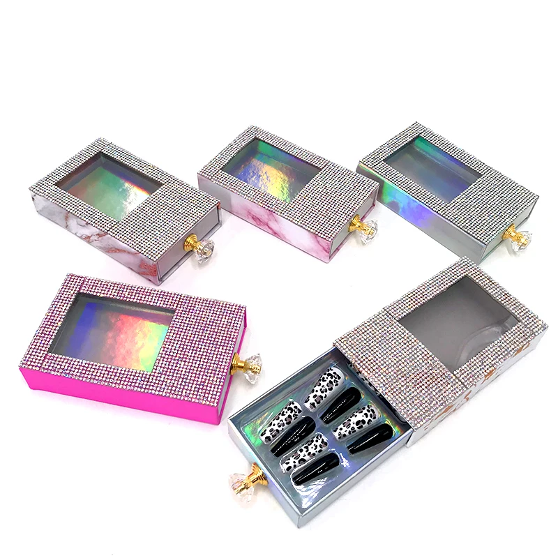 Wholesale Empty Glitter Rhinestone Nail Boxes Custom Logo Press On Nail Packaging Box