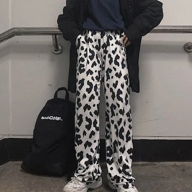 Autumn Wide Leg Pant Women Harajuku Korean Fashion Cow Print Long Pants Loose Trousers Streetwear Pantalones De Mujer