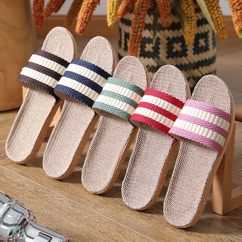 Mntrerm 2023 New Linen Slippers Men Non-slip 39-44 Size 3 Colors Gradient Stripe Beach Flat Shoes Male Slides Home Slipper