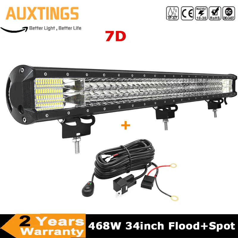 34inch 468W LED Light Bar 3-rows 7D Fog Car Lamp with Wire Cable Driving Offroad Boat ATV SUV 4x4 4WD Truck 12V 24V