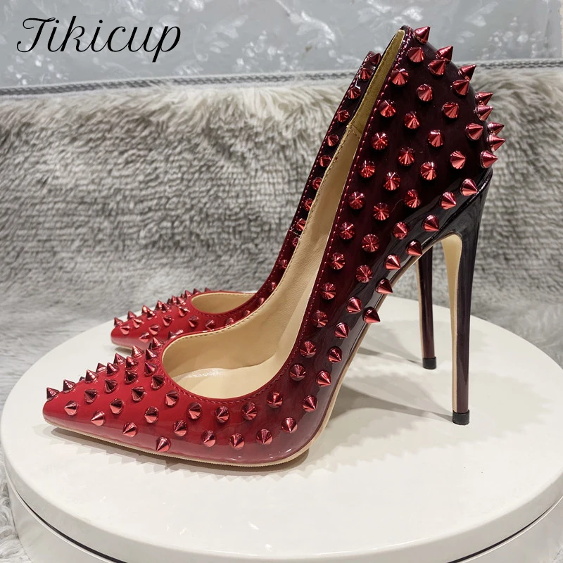 Tikicup Gradient Black Red Women Sexy Spikes Pointy Toe High Heel Party Shoes 8cm 10cm 12cm Slip On Stiletto Pumps with Studs