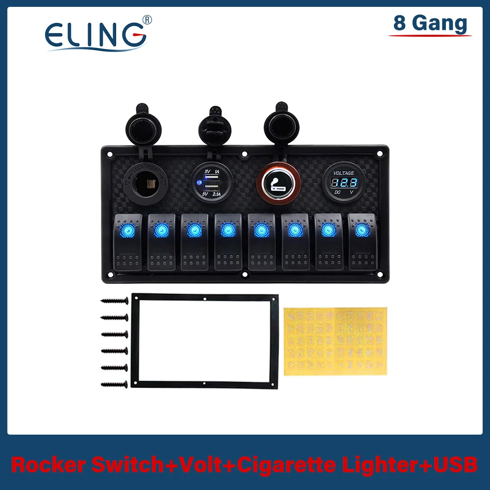 

ELING Aluminum 8 Gang Rocker Switch Panel ABS LED Voltage Display 1A 2.1A Dual USB Charger Cigarette Lighter