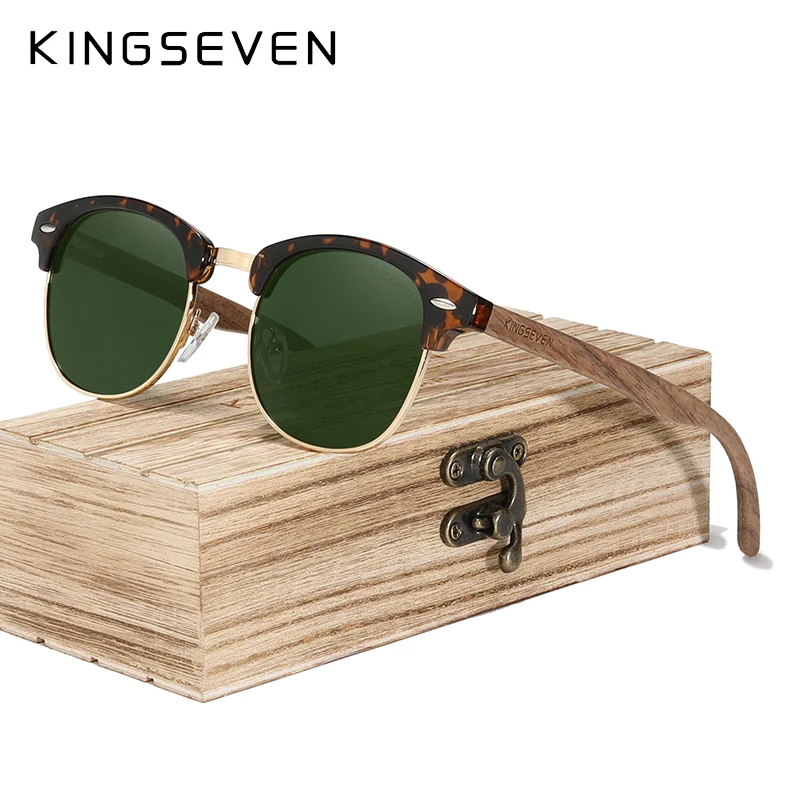 KINGSEVEN-Lunettes de soleil polarisées vintage pour hommes et femmes, monture ronde en bois, lunettes de protection, patchwork, UV400, marque