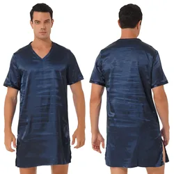Mens Sleepwear Nightgowns Short Sleeve Satin Nightshirt Button Curved Hemline Pullover Nightwear Sleepwear Robe with Pocket