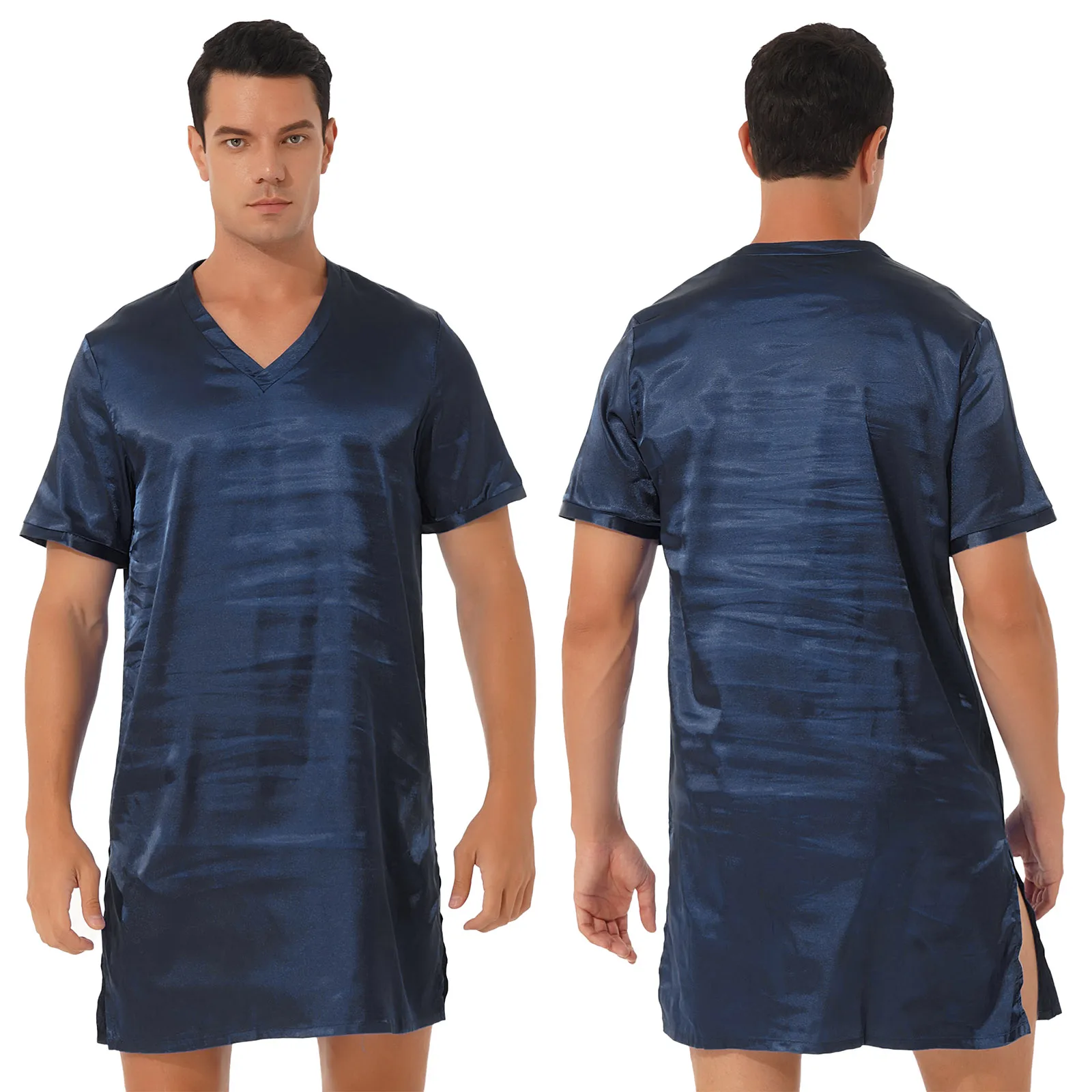 Mens Sleepwear Nightgowns Short Sleeve Satin Nightshirt Button Curved Hemline Pullover Nightwear Sleepwear Robe with Pocket