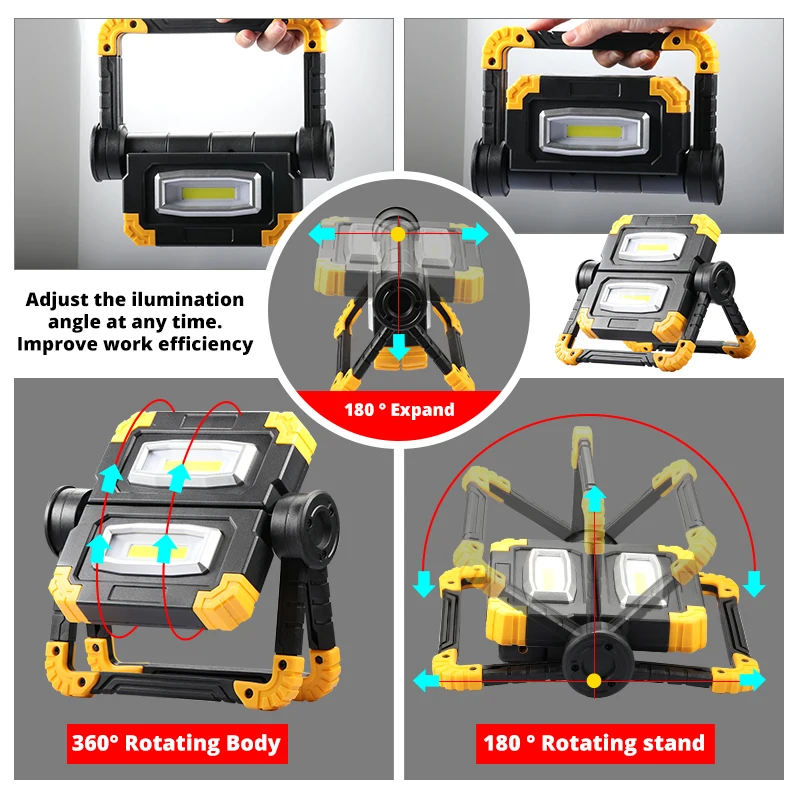 150W USB Charging Work Light 4000lm Folding Rotary Outdoor Portable Double Head COB Anti-fall Flood Light Searchlight Campe