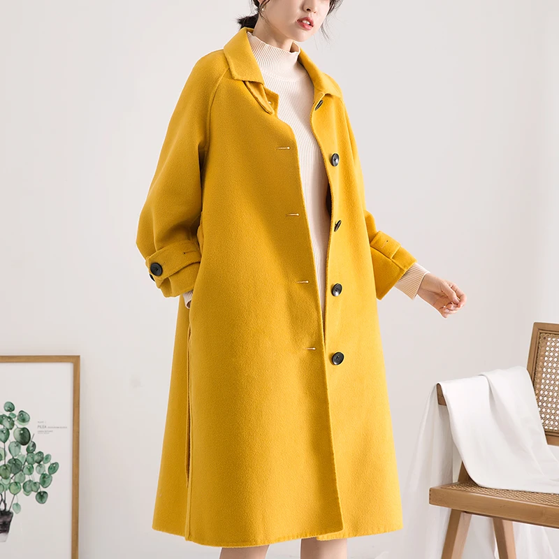 

Long 100% Wool Coat Women Korean Elegant Wool Jacket Spring Autumn Yellow Coats and Jackets Women Casaco Feminino HD2022 KJ6055