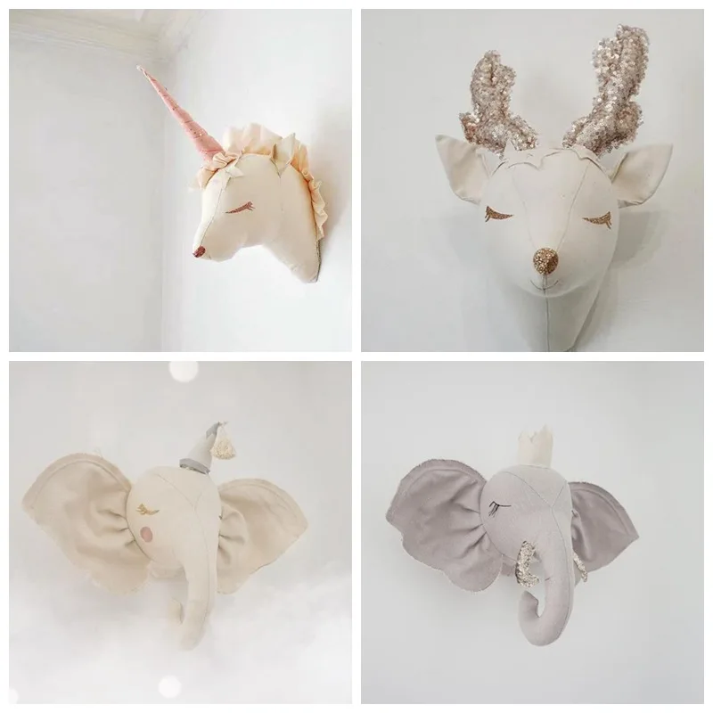 Estilo nórdico arte de arte parede pendurado decoração brinquedos de pelúcia animais cabeça elefante macio recheado boneca crianças bebê meninas decoração do quarto