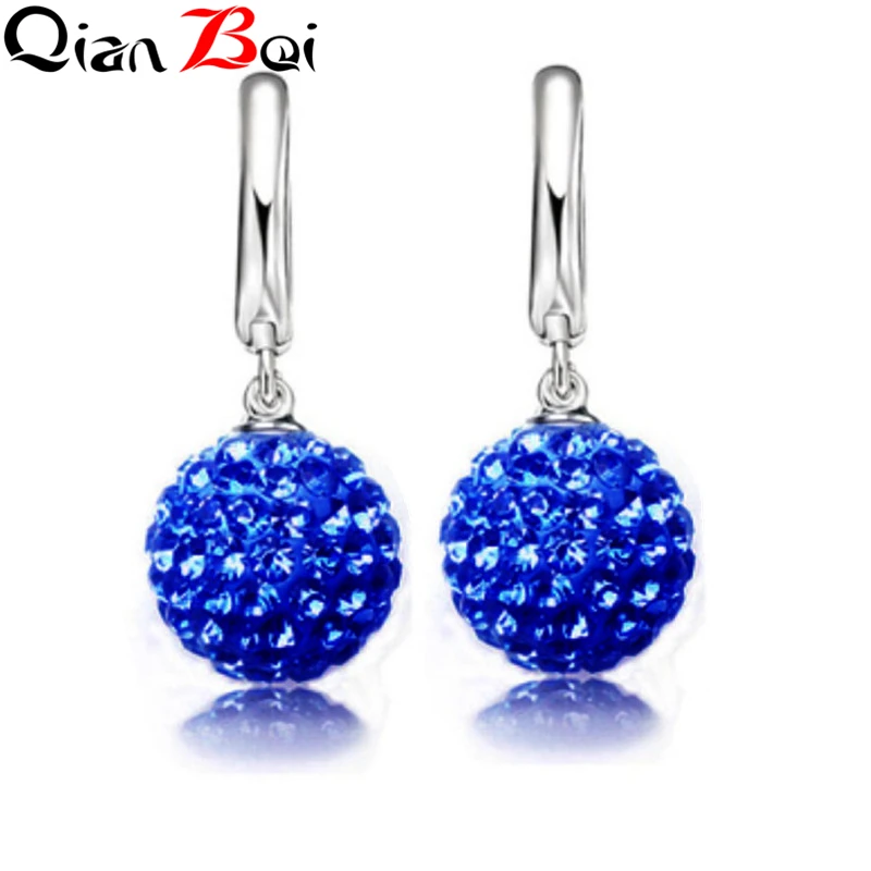 QianBei Hot Sale Multi Color 1 Pair Real Pure 925 Sterling Silver Austrian Pave Disco Ball Hoop Lever Back Earring Woman Jewelry