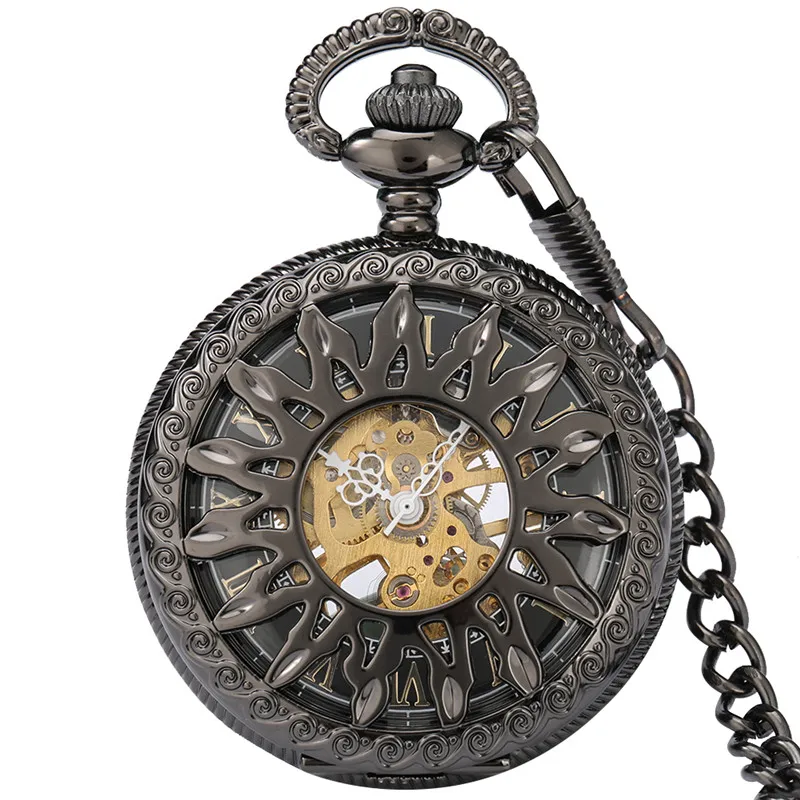 Antico Hollow Sun Flower Black Hand Winding orologio meccanico orologio da tasca numeri romani orologio con ciondolo a catena Relgio de bolso