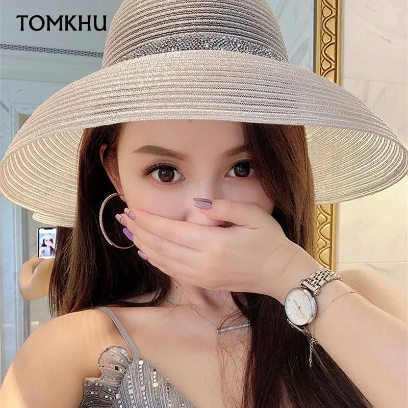 Summer Fashion Transparent Silk Elegant Wide Brim Beach Hat Hepburn Style Rhinestone Belt Sun Hats Female Foldable Anti-UV Sun