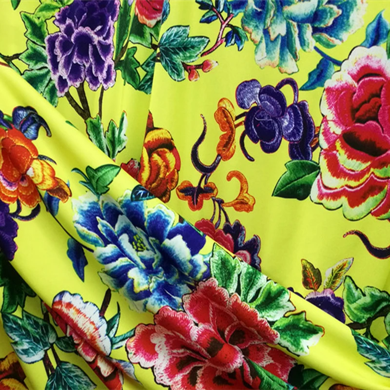 Good,Yellow,4 Ways Stretch,Milk Silk Knit Cotton/Spandex Fabric,Peony Flower Print Fabric,Diy Sewing Women Dress/T-Shirt/Pants