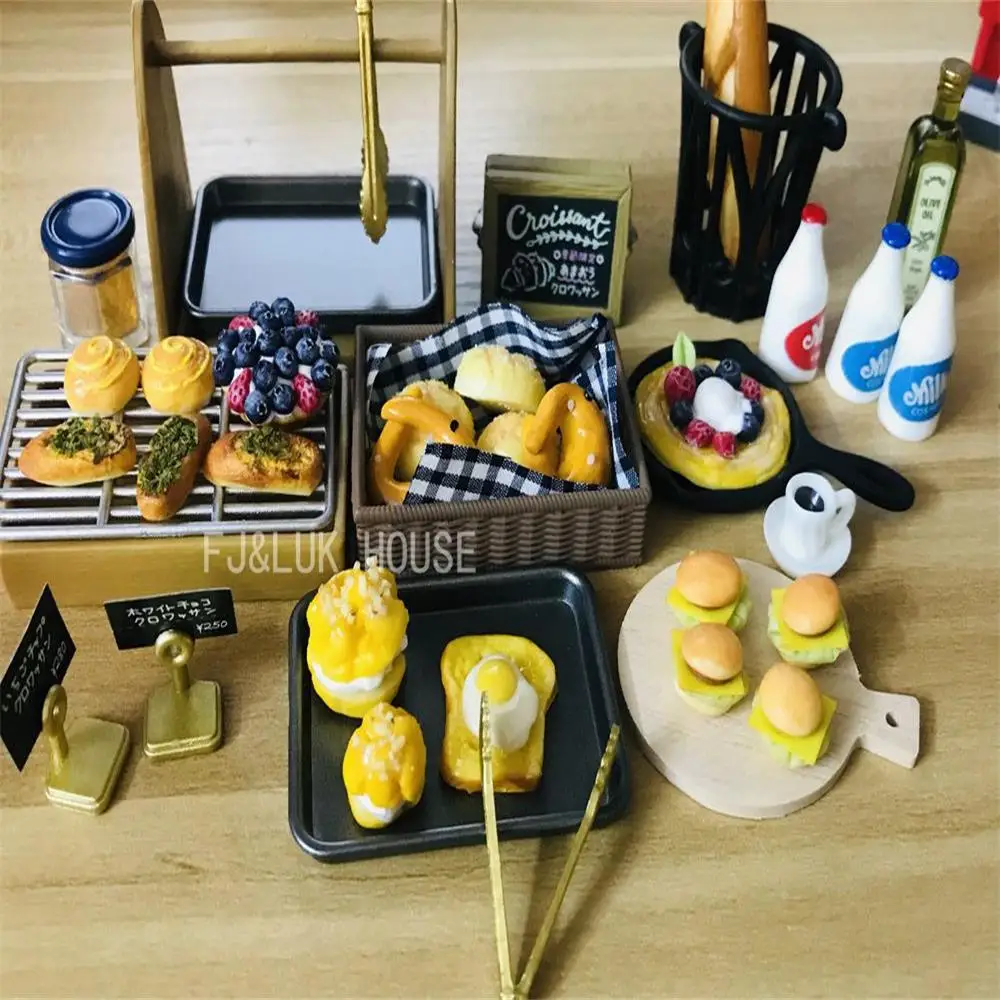 Cute 1:12 Scale Miniature Dollhouse Food Clay Bread Pie Puff Hamburger Dessert Pretend Play Kitchen Toys Accessories