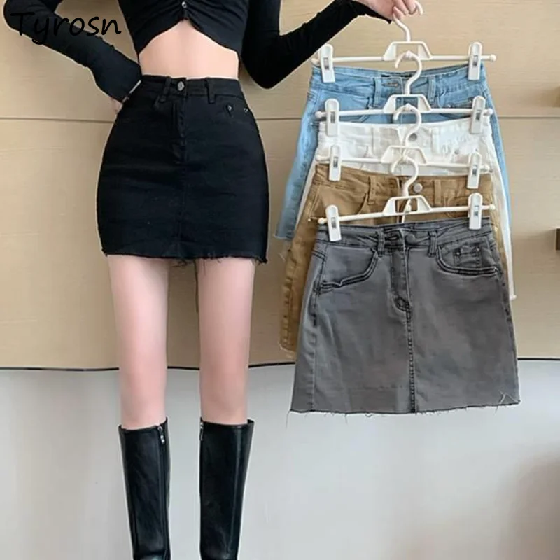 Skirts Women Skinny Sexy Hot All-match Fashion Fur-lined Mini Club Denim High Waist Sheath Retro Female Chic Solid Y2K Ins Teens