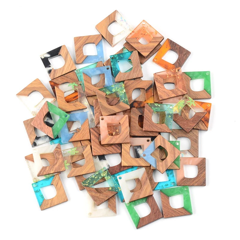 10PCS Square Design Earrings Accessories Natural Wood & Resin Splicing Hand Made DIY Making Charms Jewelry Findings & Components