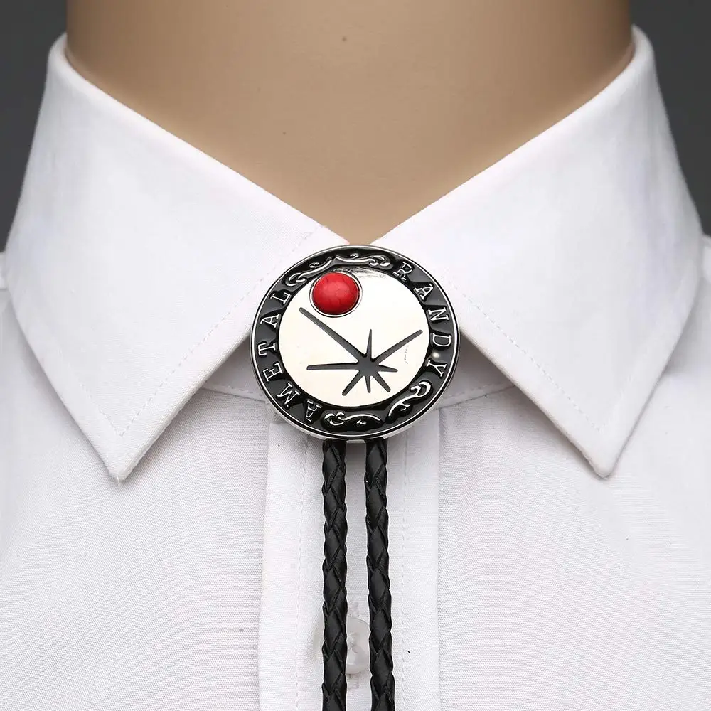 

Red flower round shape bolo tie for man Indian cowboy western cowgirl leather rope zinc alloy necktie