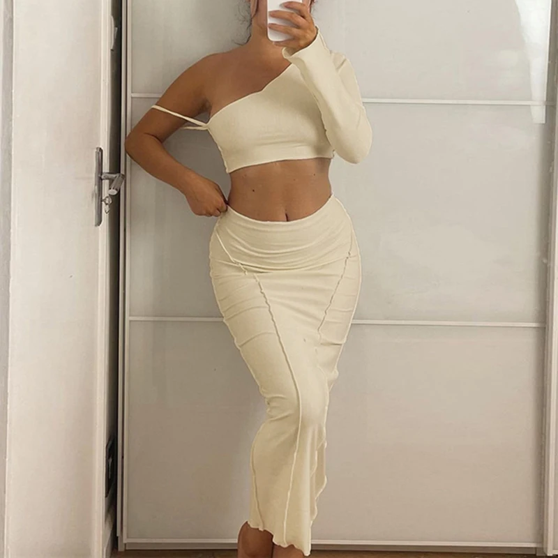 Single Sleeve Backless Cropped Top + High Waist Back Slit Bandage Midi Skirt Women's Sexy Two Pcs Set Club Dress Set 2024 Casual