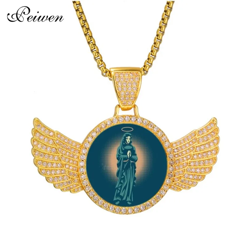 Custom Photo Name Necklaces with Angel Wings Cubic Zircon Circle Hip Hop Stainless Steel Jewelry Fashion Women Men Pendant Gifts