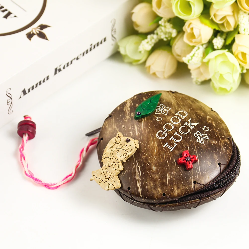 Handmade Coconut Shell Coin Purse Good Luck Round Mini Cute Wallet Purse Coin Holder Girls Children's Gift USB Cable Headset Bag