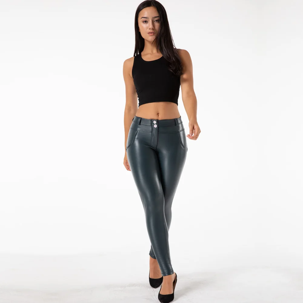 Shascullfites Women's Slimming PU Leather Leggings Blue Shaping Long Pants Skinny Fitness Workout Sporty Trousers