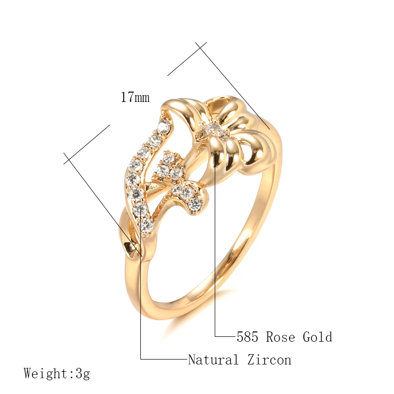 Kinel Hot 585 Rose Gold Color Crystal Flower Ring For Women Natural Zircon Vintage Wedding Daily Jewelry Fine Girls Gift