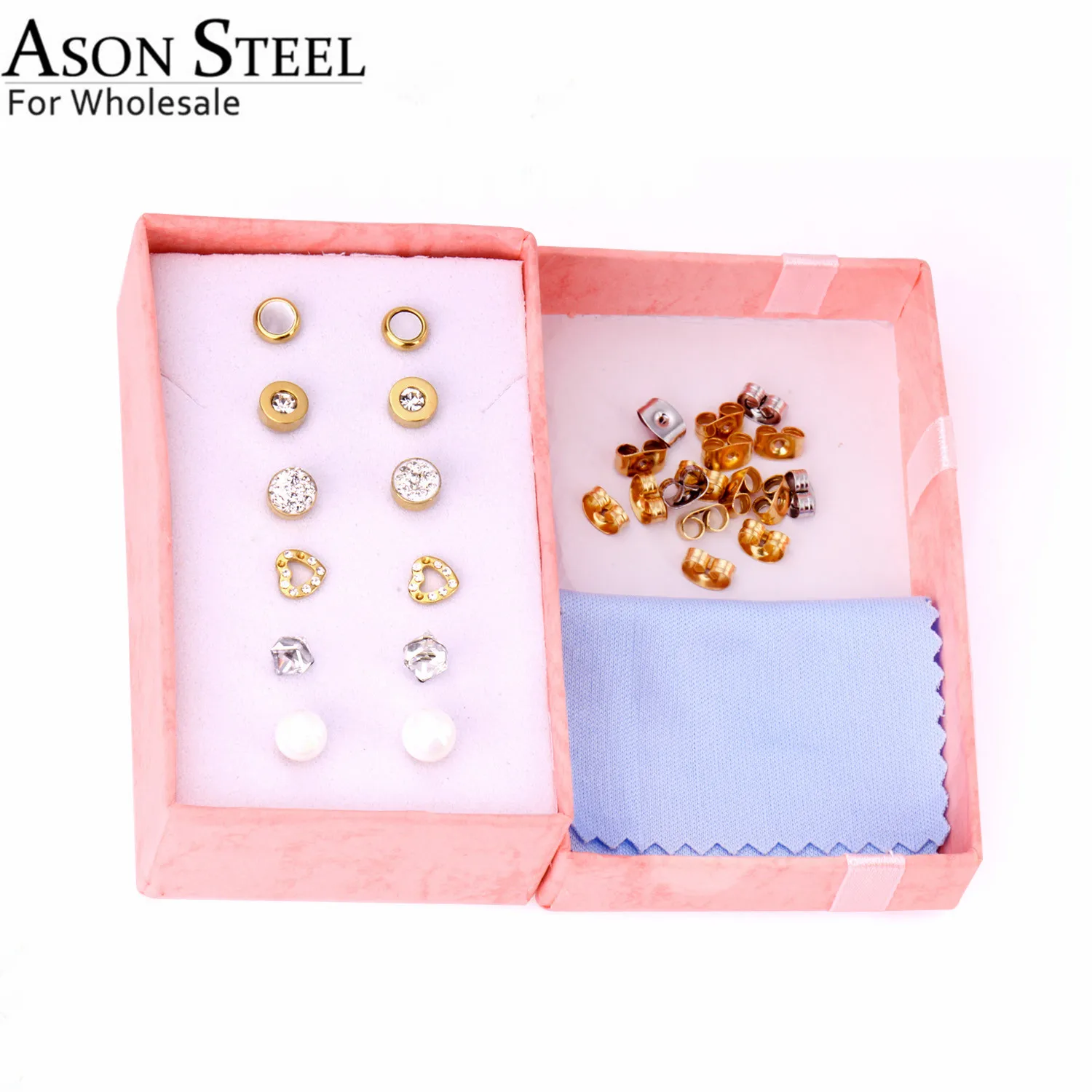 ASONSTEEL 여성용 라운드 스퀘어 큐빅 지르코니아 진주 스터드 귀걸이 세트, 골드 컬러 스테인레스 스틸, 보석 피어싱, 박스당 6 쌍
