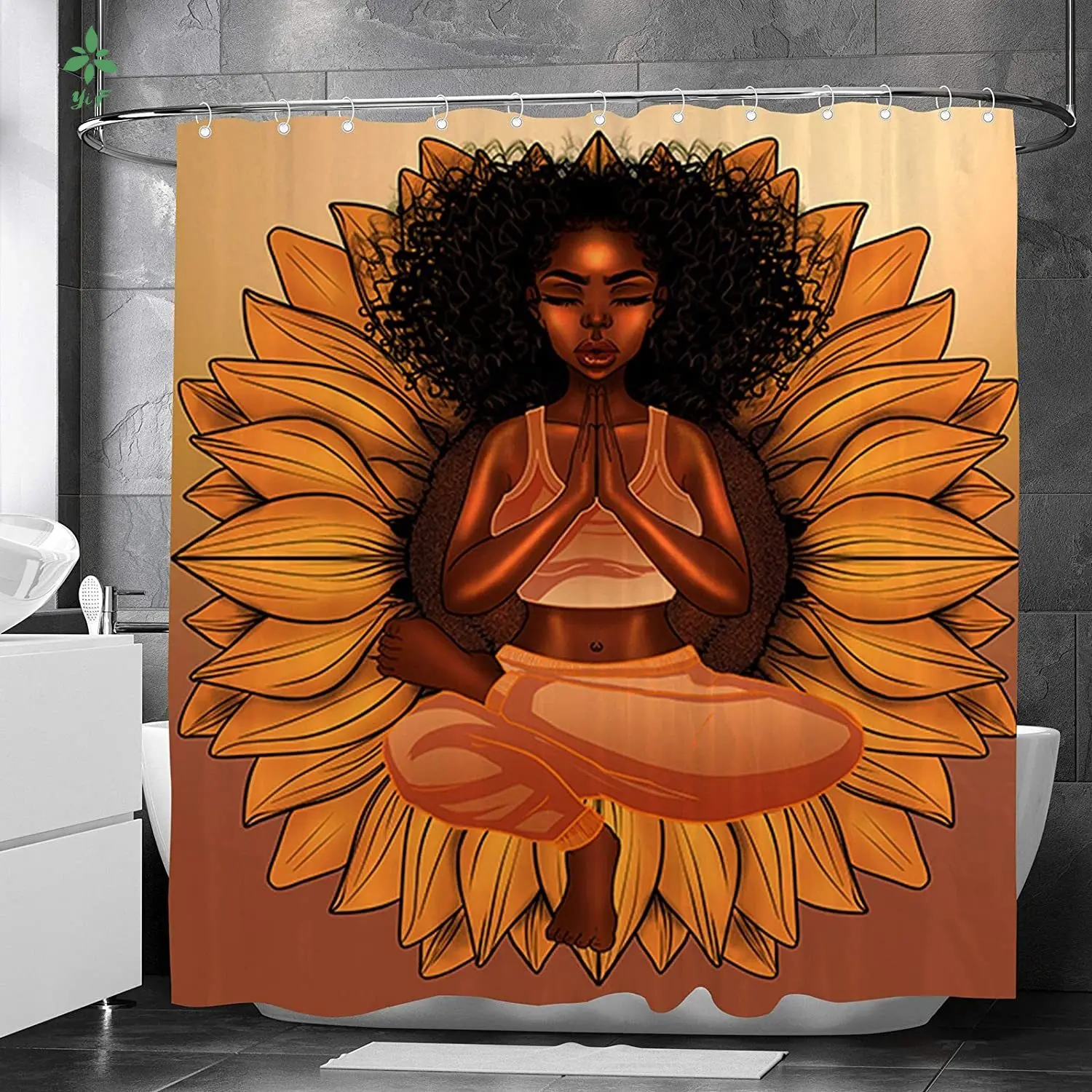 African American Woman Praying Gesture Sunflower Background Waterproof Shower Curtain Bathroom Decoration