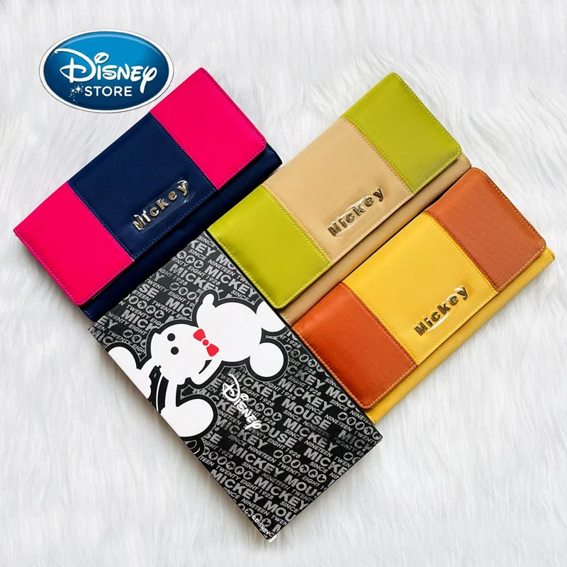 2021 New Disney Color-Blocking Mickey Mouse Nylon Fabric Women Long Clamshell Three-Fold Clutch Coin Purse Lady ID Bags Boxed