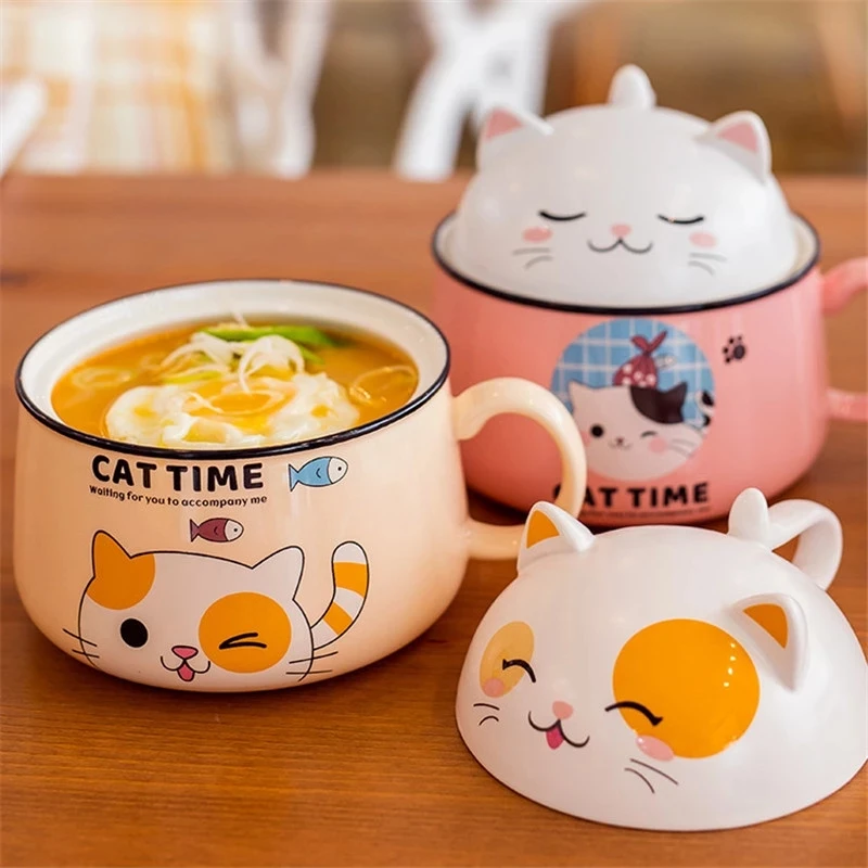 Ceramic Ramen Bowl Japanese Fast Food Bowl With Lid Spoon Large Capacity Cute Cat Instant Noodle Bowl Fruit Tableware Kitchen