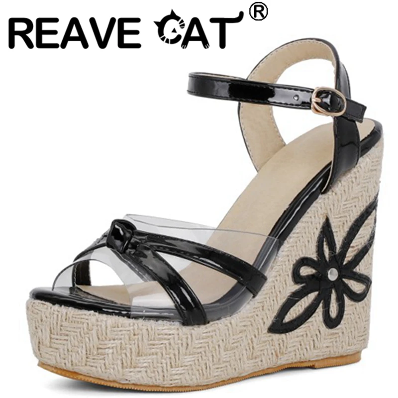 REAVE CAT 2021 Slingbacks Open Toe Flower Patchwork Buckle Strap 12.5cm Wedge Sandal With Platform Size 30-48 Black Yellow White