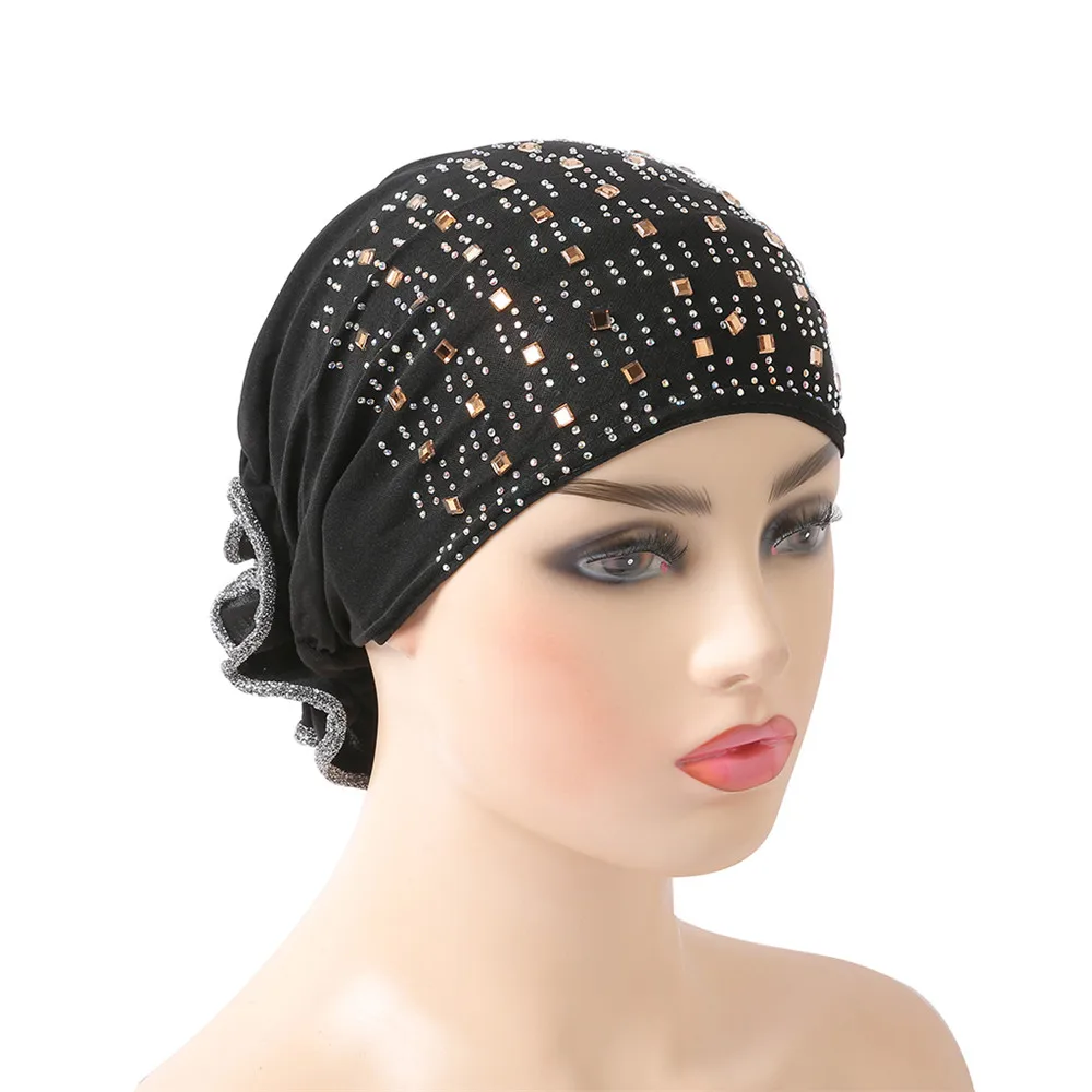 Touca feminina muçulmano hijab sob o cachecol com strass turbante tubo flor para perda de cabelo touca de quimioterapia cachecol árabe boné com chapéu