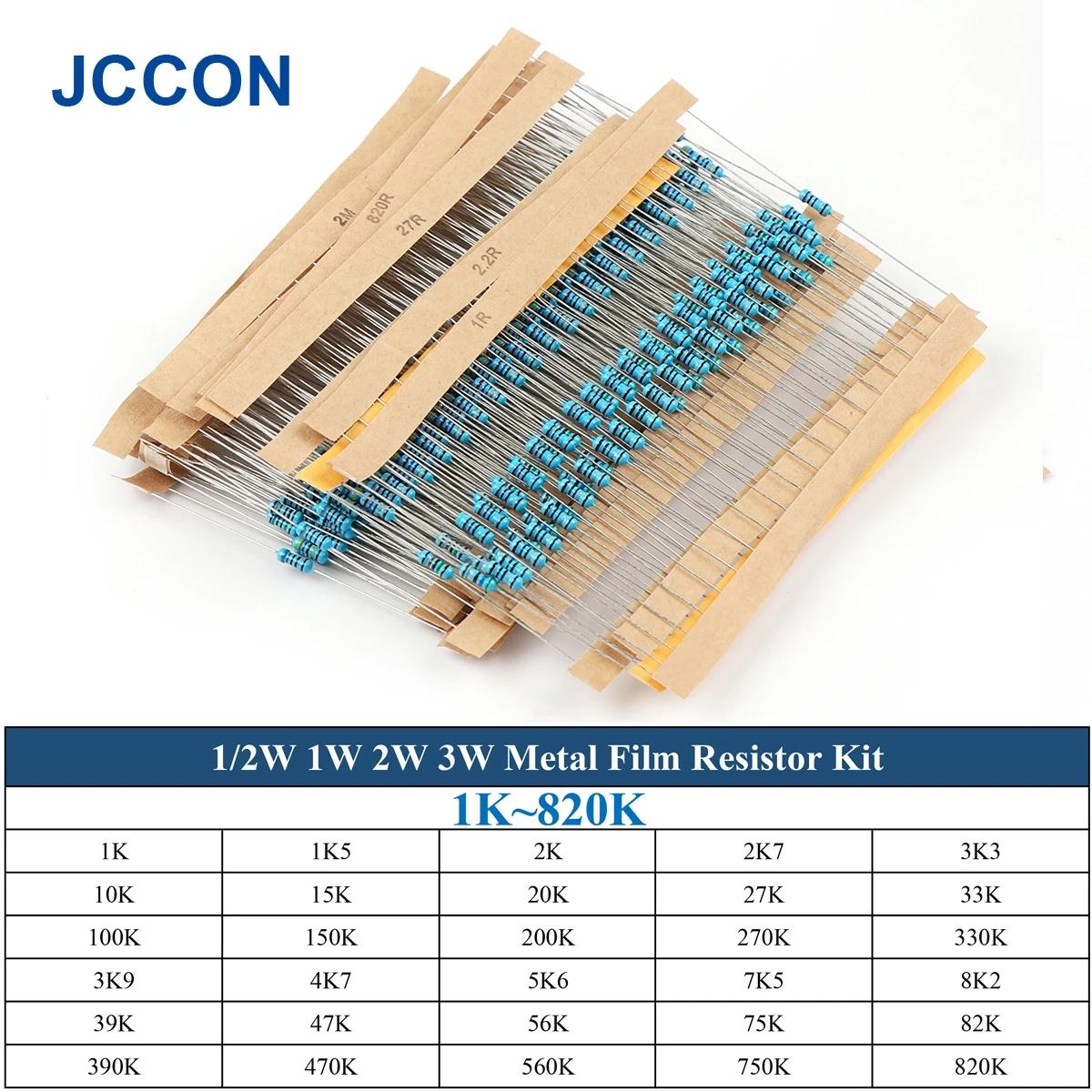 300Pcs 1/2W 1K~820K Metal Film Resistor Assorted Kit 30Values x 10Pcs=300Pcs Sample Kit Color Ring Resistance 1K 1K5 2K