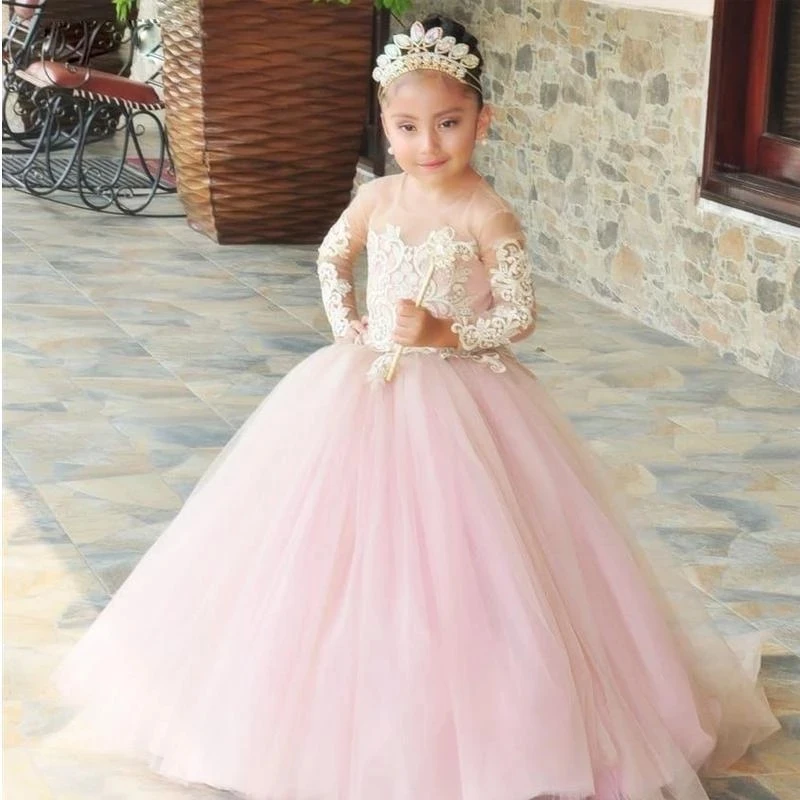 Rosa Blume Mädchen Kleider mit Langarm Jewel Mädchen Pageant Kleider Spitze Appliques Taste Tüll Kinder Geburtstag Prom Party Kleid