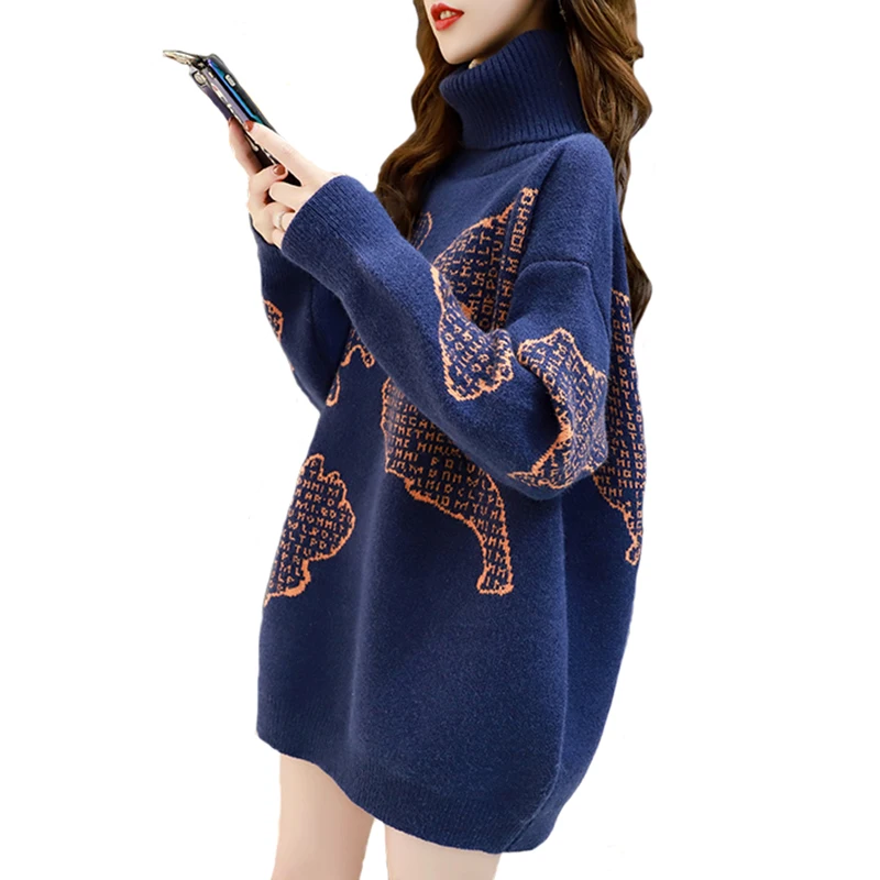 

Ladies High-Necked Printed Sweater Dress, Korean Loose Outer Wear, Autumn and Winter Pullover, Bottom Shirt, New Fashion, 2023