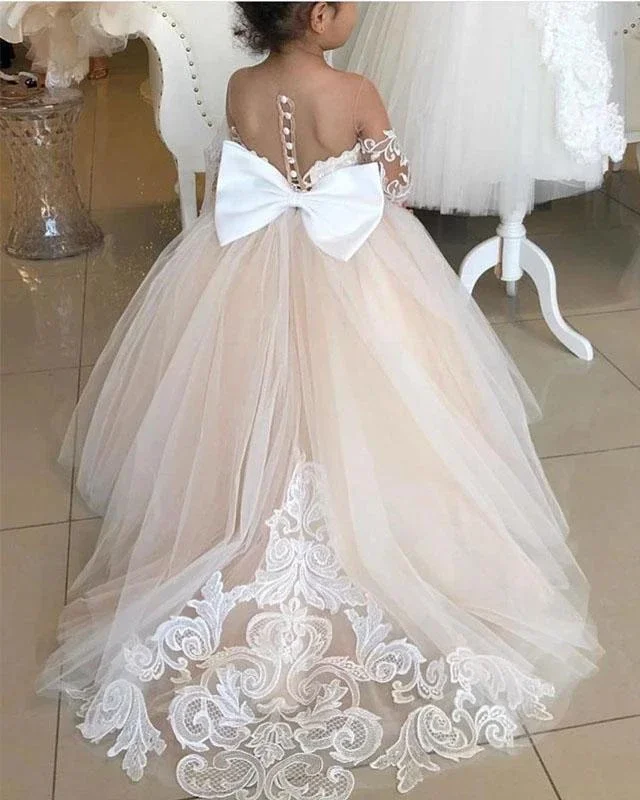 Classic Tulle Flower Girls Dresses With Bow Lace Long Sleeve For Wedding Birthday Party Toddler Kids First Holy Communion