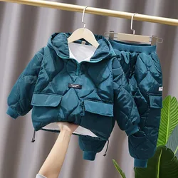 Winter Children Clothes Sets Hooded Warm Velvet Kids Coats+Pants 2Pcs 2023 New Winter Casual Cotton Padded Boys Snowsuit