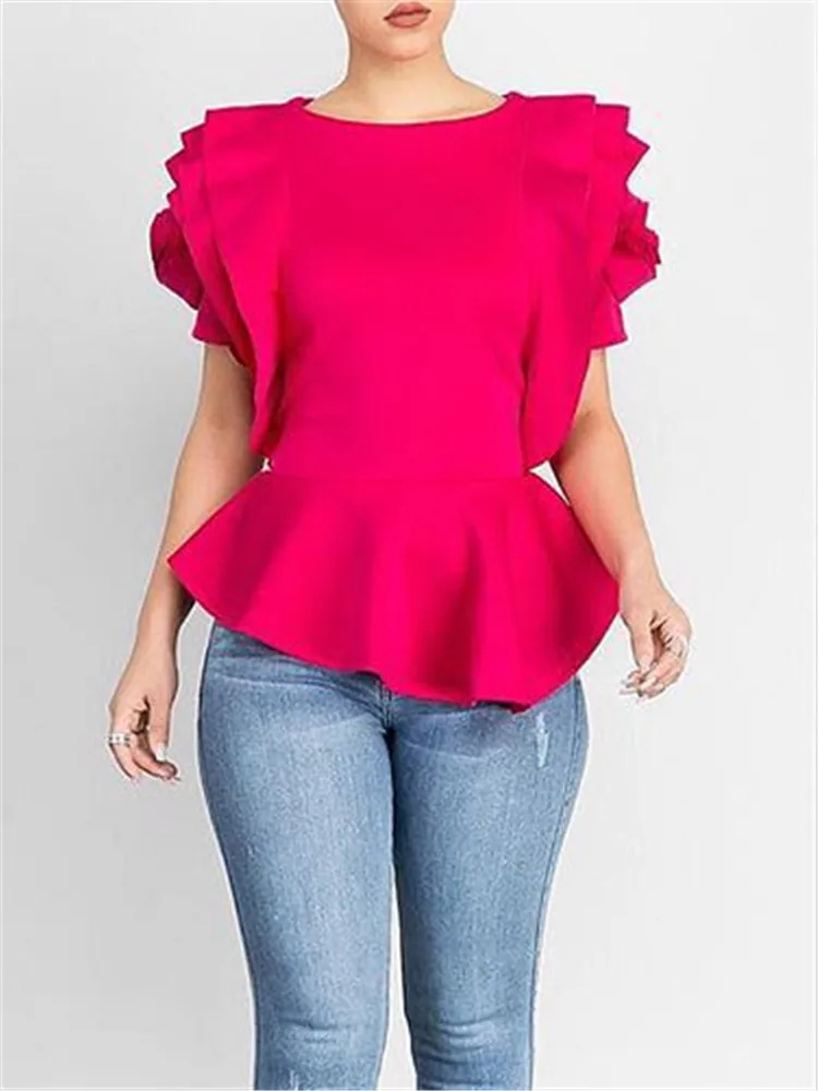 Elegant Lotus Hem Shirt for Women, Petal Sleeve, Real Blusa Tops, Korean Blouse, Plus Size,  Summer,