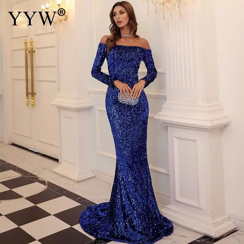 Highclass Sequins Evening Dresses Off The Shoulder Straight Strapless Floor Length Court Elegant Formal Celebration Party Dress