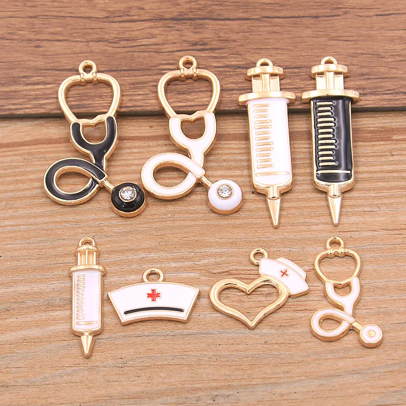 10PCS 6 Styles Doctors Dripping Oil Charm Stethoscope Syringe Nurse Hat Pendant For Bracelet Necklace Jewelry Making Findings