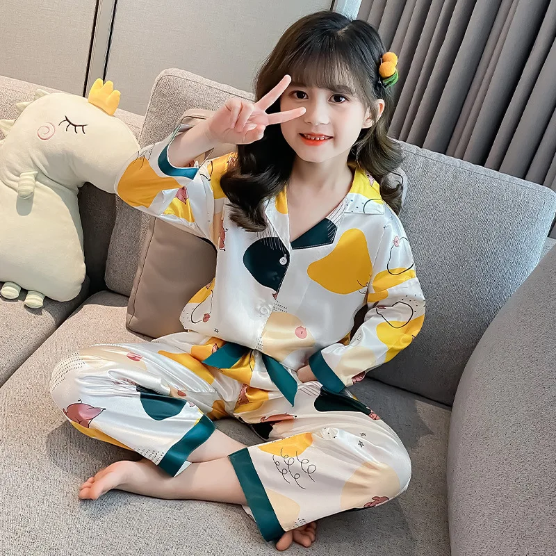 Girls' Long Sleeve Pajamas Ice Silk Fabric Short Sleeve Children's Home Wear Middle School Children's Little Girl Suit In Summer