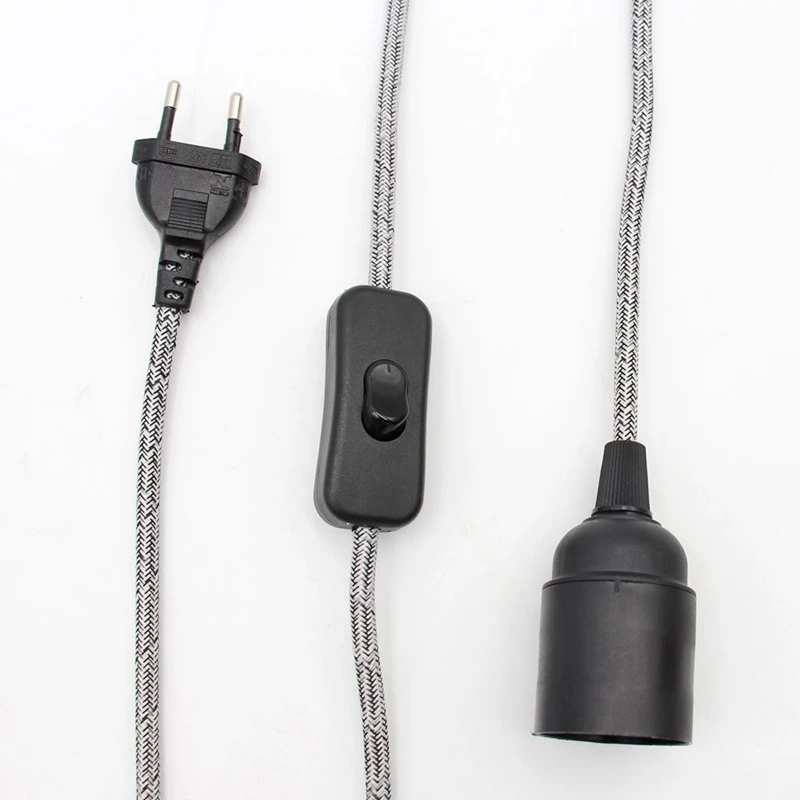 AC 220V 2 Meters EU Plug Power Cord With ON/OFF Switch E27 Bulb Lamp Holder Textile Cable Cord for Hanging Light Cord Kit