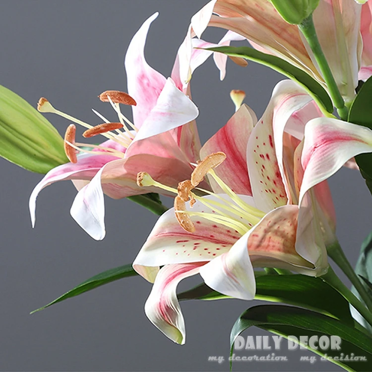 

10pcs/lot ! High simulation 3D real touch 88cm long 3 heads artificial Lily flowers wholesale wedding decorative Lily flowers