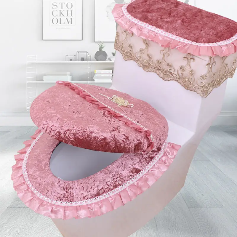 Toilet Two-piece Set New Four Season Universal European Double-sided Toilet Seat Cover Zipper Lace Fabric Toilet Seat Cushion