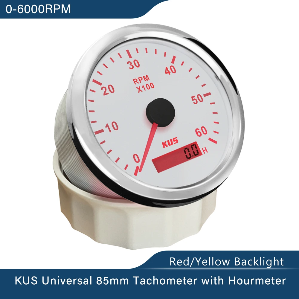 KUS 85mm Tachometer RPM Gauge Meter with Hour Meter 0-3000 RPM 0-4000RPM 0-6000 RPM 0-8000 RPM 12V/24V with Backlight for Car